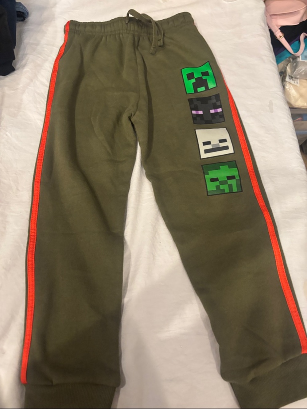 Kids Olive Green Minecraft Sweatpants with Orange Trim